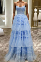 A-Line Spaghetti Straps Tulle Long Prom Dress
