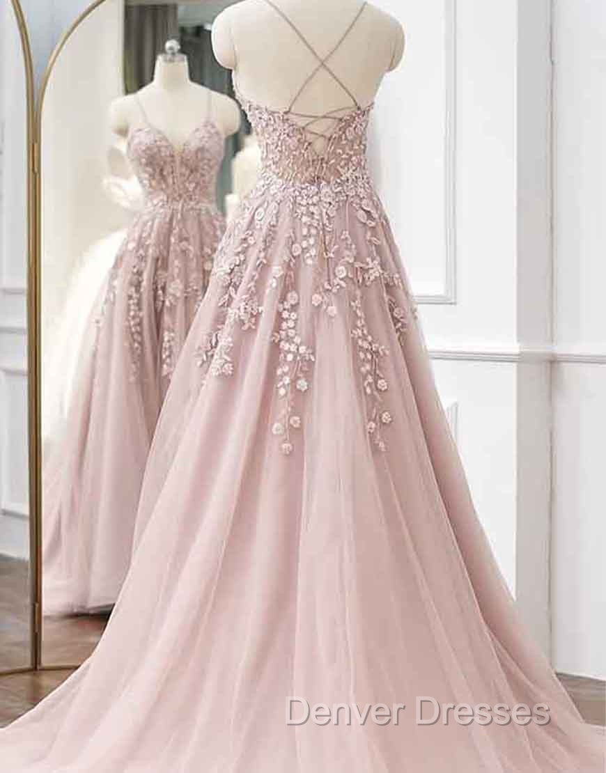 A-line Spaghetti Straps Tulle Prom Dress with Appliques Secondary image