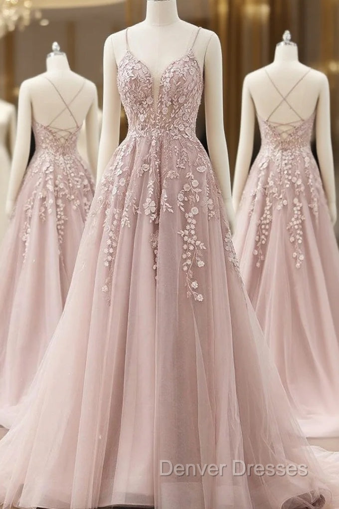 A-line Spaghetti Straps Tulle Prom Dress with Appliques Main image