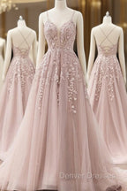A-line Spaghetti Straps Tulle Prom Dress with Appliques