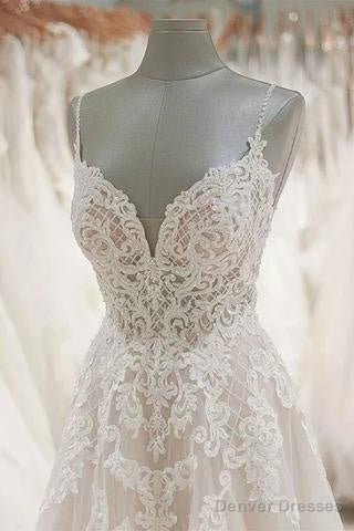 A Line Spaghetti Straps Tulle Wedding Dresses Appliqued Bridal Dresses