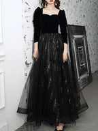 A-Line Sparkle Elegant Prom Formal Evening Dress Square Neck Sweetheart Neckline Long Sleeve Floor Length Tulle Velvet With Pleats Sequin