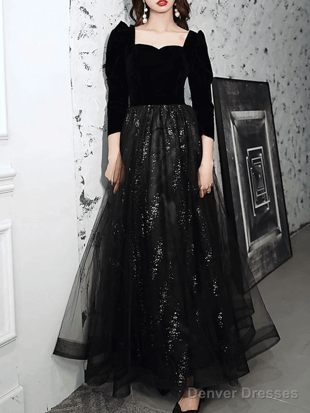 A-Line Sparkle Elegant Prom Formal Evening Dress Square Neck Sweetheart Neckline Long Sleeve Floor Length Tulle Velvet With Pleats Sequin