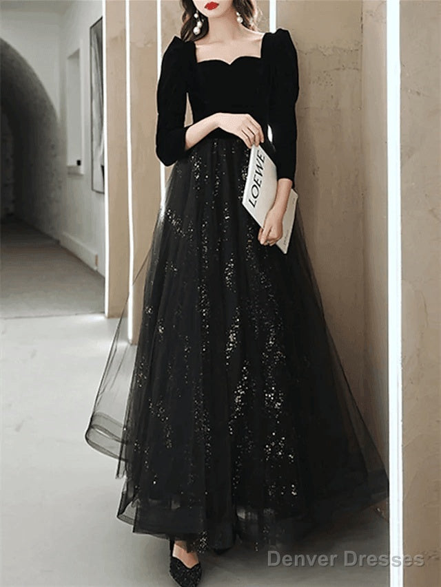 A-Line Sparkle Elegant Prom Formal Evening Dress Square Neck Sweetheart Neckline Long Sleeve Floor Length Tulle Velvet With Pleats Sequin Main image