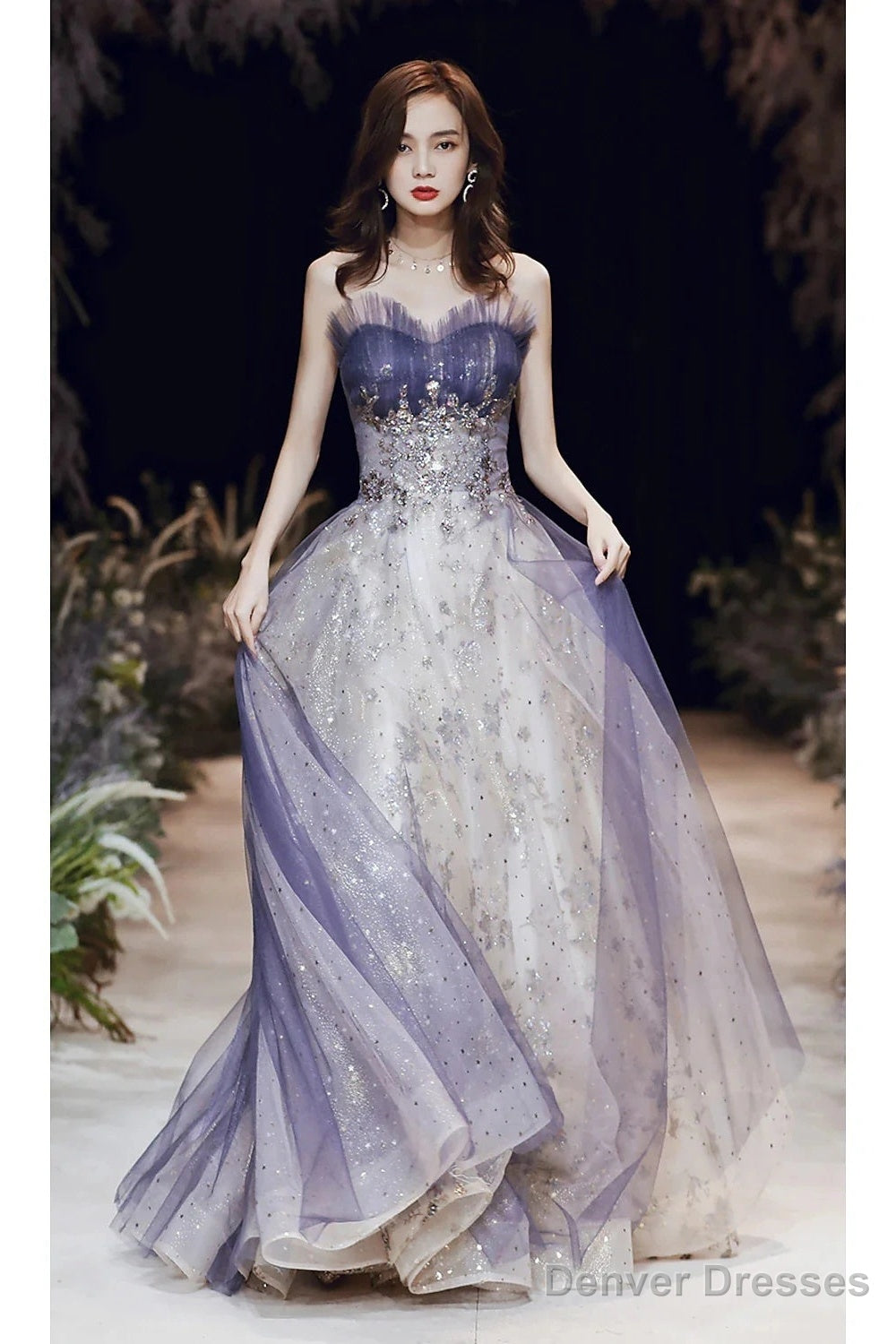 A-Line Sparkle Elegant Wedding Guest Prom Formal Evening Dress Strapless Sleeveless Floor Length Satin With Main image