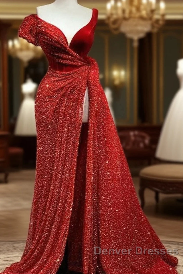 A-Line Sparkle & Shine High Split Prom Formal Evening Dress V Neck Short Sleeve Court Train Satin With Sequin Slit Main image