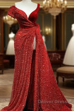 A-Line Sparkle & Shine High Split Prom Formal Evening Dress V Neck Short Sleeve Court Train Satin With Sequin Slit