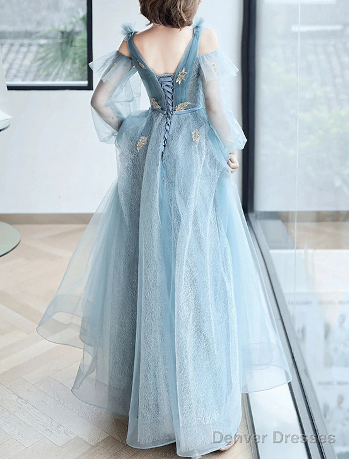 A-Line Sparkle & Shine Puffy Prom Formal Evening Dress V Neck Long Sleeve Floor Length Polyester With Sequin Butterfly Secondary image