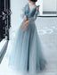 A-Line Sparkle & Shine Puffy Prom Formal Evening Dress V Neck Long Sleeve Floor Length Polyester With Sequin Butterfly