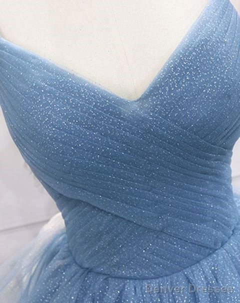 A Line Sparkly Blue Evening Dresses Tulle Prom Dresses Spaghetti Straps Secondary image