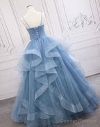 A Line Sparkly Blue Evening Dresses Tulle Prom Dresses Spaghetti Straps