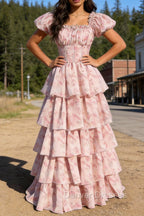 A Line Square Neck Blush Pink Tiered Prom Dress with Ruffles