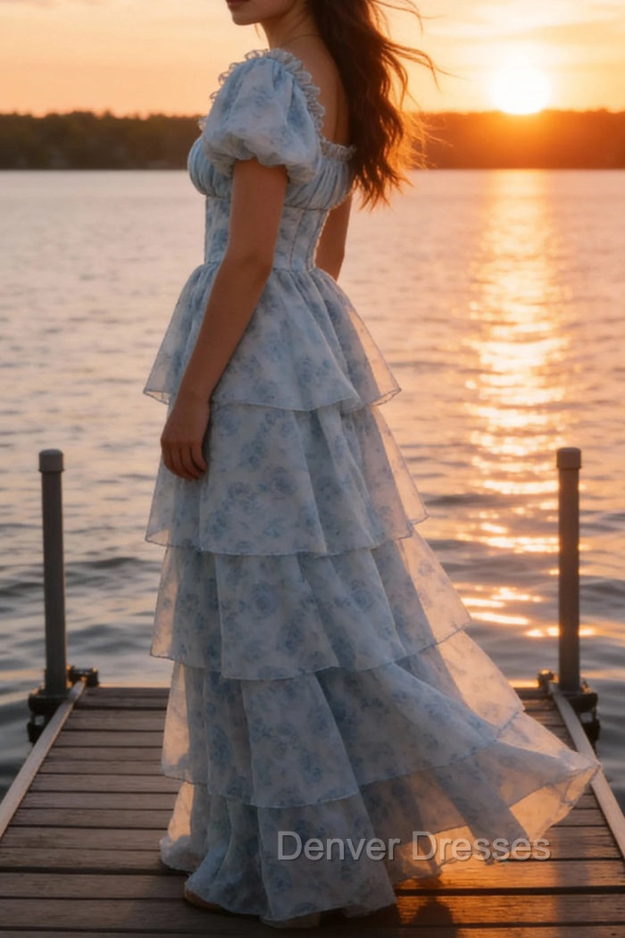 A Line Square Neck Light Blue Tiered Prom Dress with Ruffles
