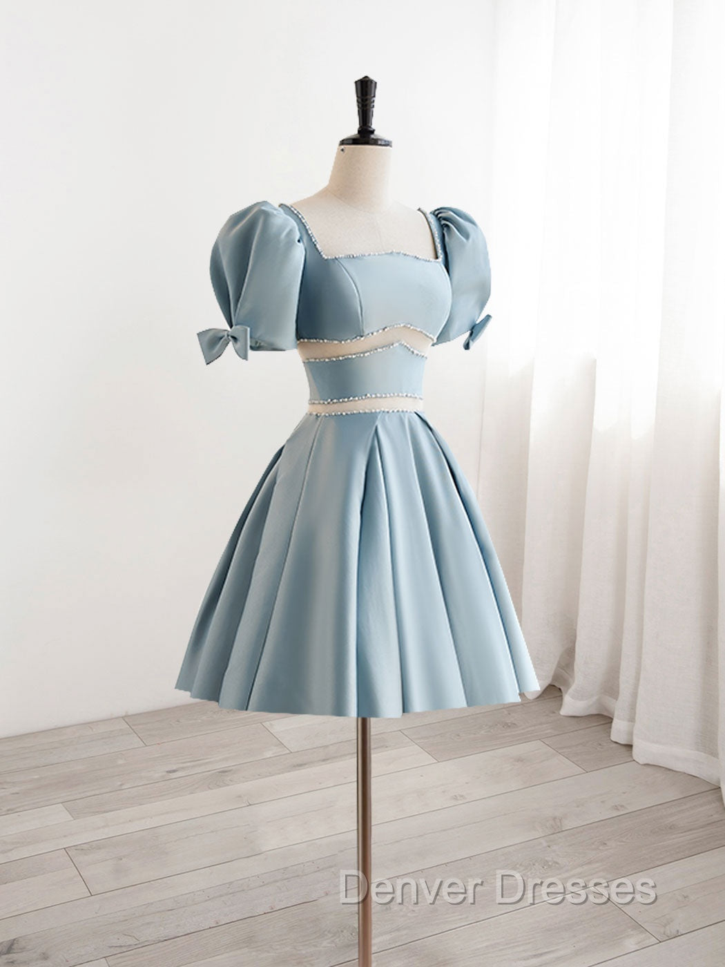A-Line Square Neckline Blue Short Prom Dress, Cute Blue Homecoming Dress Secondary image