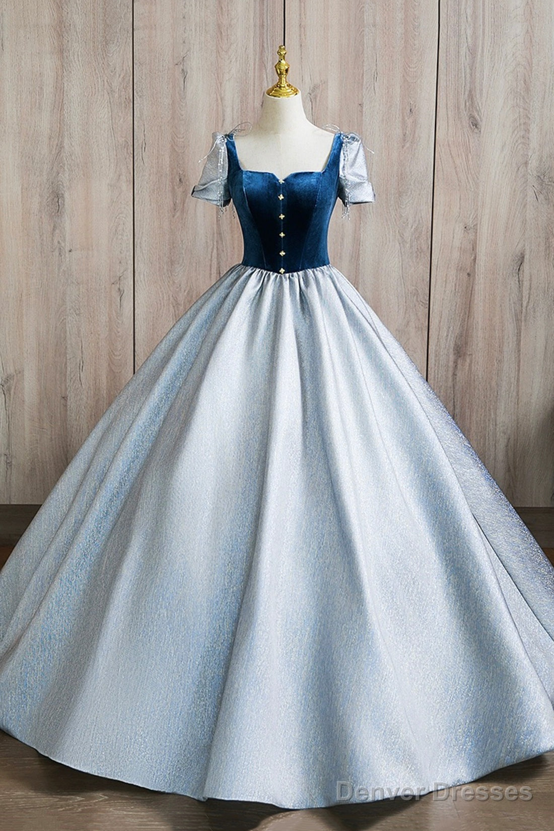 A-Line Square Neckline Floor Length Prom Dress, Blue Short Sleeve Evening Party Dress Secondary image