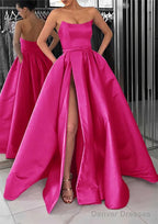 A-line Square Neckline Long/Floor-Length Satin Prom Dresses With Pockets Split