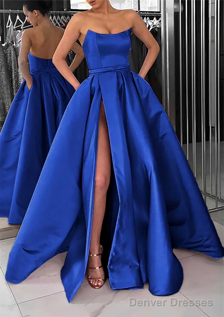 A-line Square Neckline Long/Floor-Length Satin Prom Dresses With Pockets Split