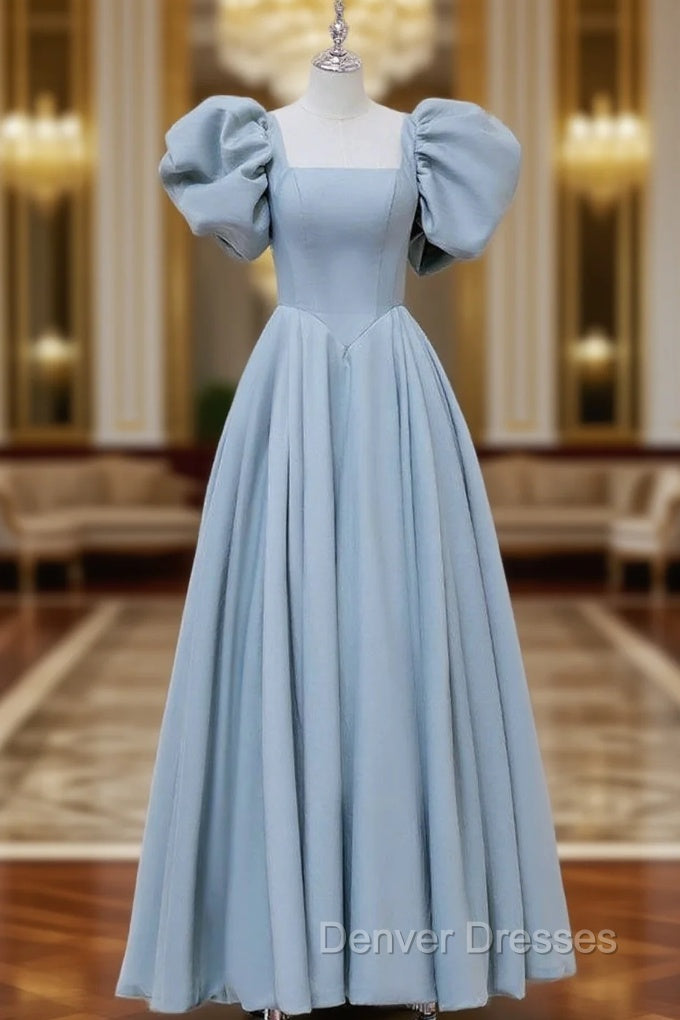 A-Line  Square Neckline Puff sleeves Long Blue Prom Dress, Blue Long Formal Dress Main image