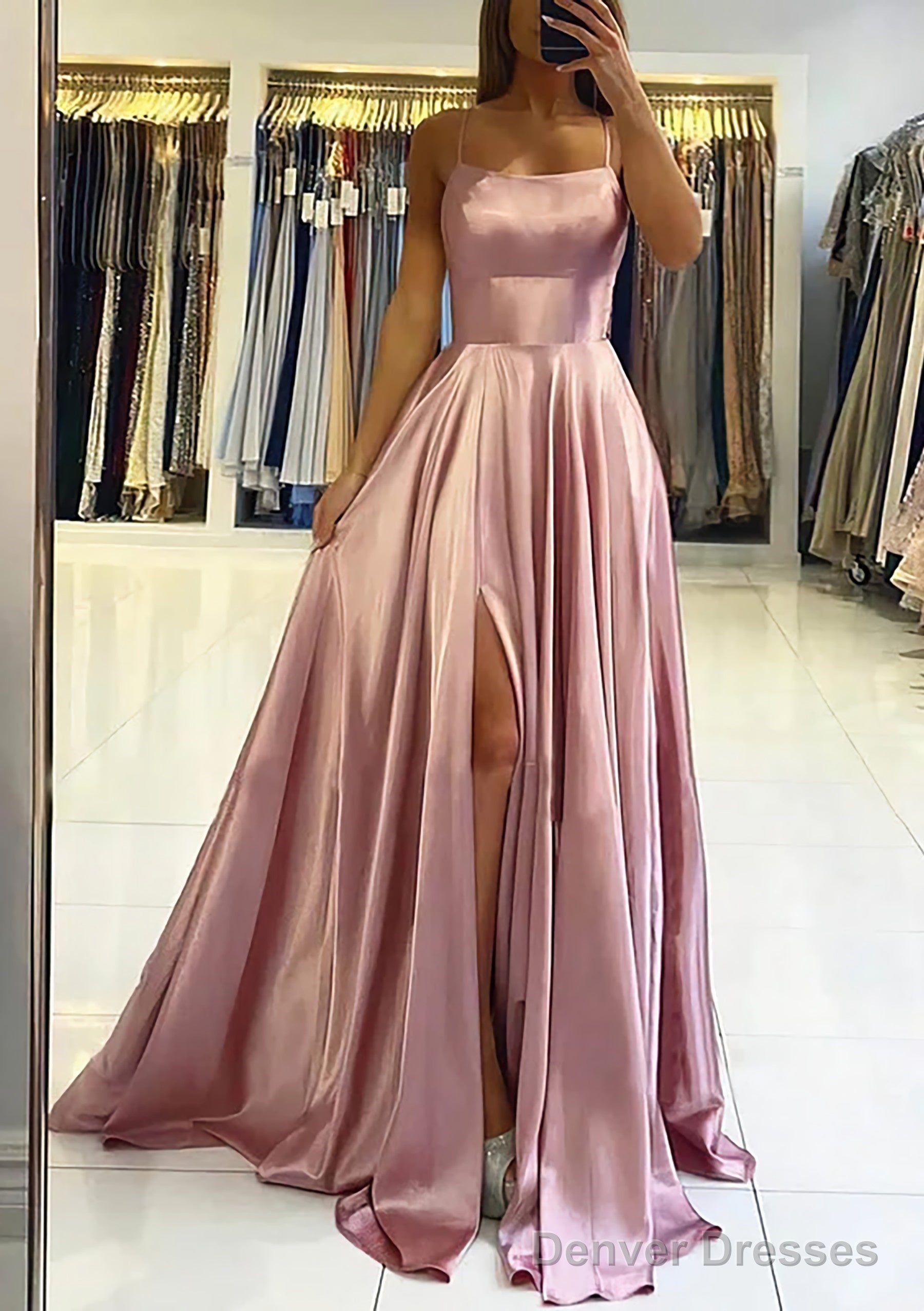 A-line Square Neckline Sleeveless Satin Sweep Train Prom Dresses With Pleated Main image