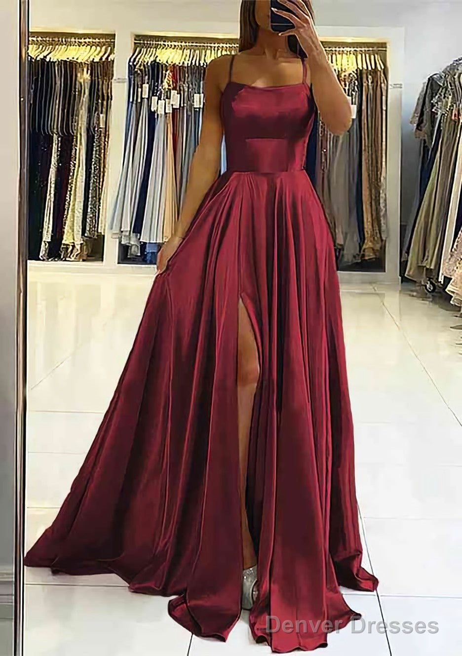 A-line Square Neckline Sleeveless Satin Sweep Train Prom Dresses With Pleated