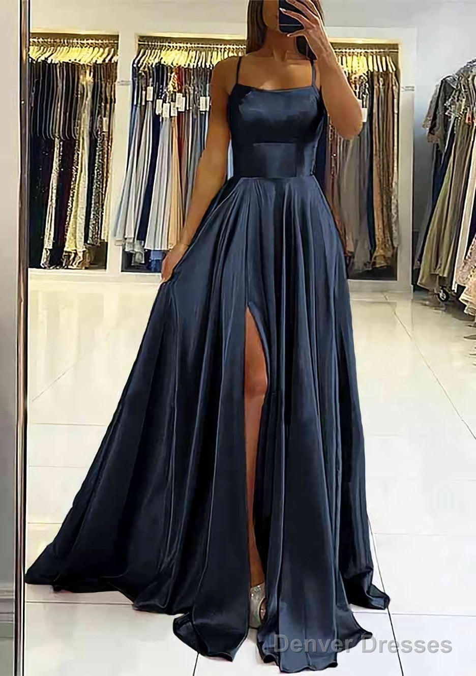A-line Square Neckline Sleeveless Satin Sweep Train Prom Dresses With Pleated Secondary image