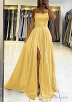 A-line Square Neckline Sleeveless Satin Sweep Train Prom Dresses With Pleated