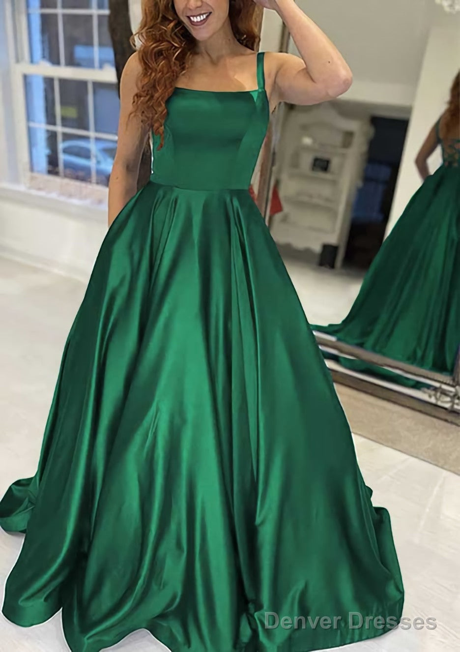 A-line Square Neckline Sleeveless Sweep Train Satin Prom Dresses With Pockets