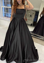 A-line Square Neckline Sleeveless Sweep Train Satin Prom Dresses With Pockets