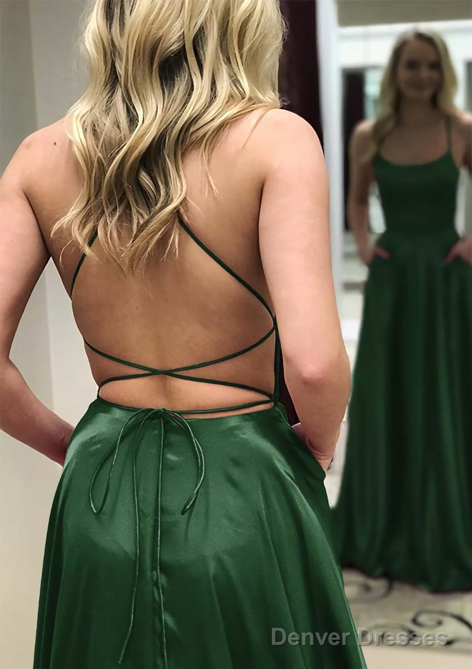 A-line Square Neckline Spaghetti Straps Long/Floor-Length Charmeuse Prom Dresses With Split