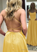 A-line Square Neckline Spaghetti Straps Long/Floor-Length Charmeuse Prom Dresses With Split