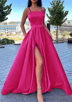 A-line Square Neckline Spaghetti Straps Long/Floor-Length Satin Prom Dresses With Split Pockets