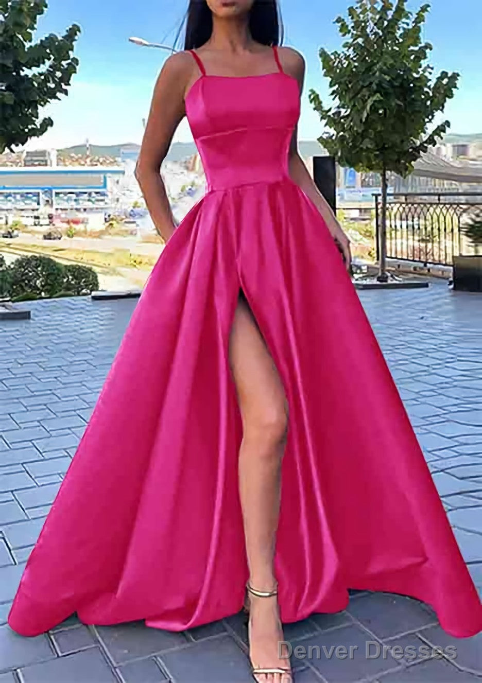 A-line Square Neckline Spaghetti Straps Long/Floor-Length Satin Prom Dresses With Split Pockets