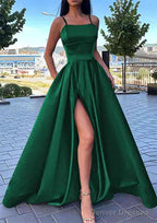 A-line Square Neckline Spaghetti Straps Long/Floor-Length Satin Prom Dresses With Split Pockets