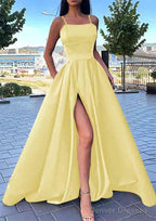 A-line Square Neckline Spaghetti Straps Long/Floor-Length Satin Prom Dresses With Split Pockets
