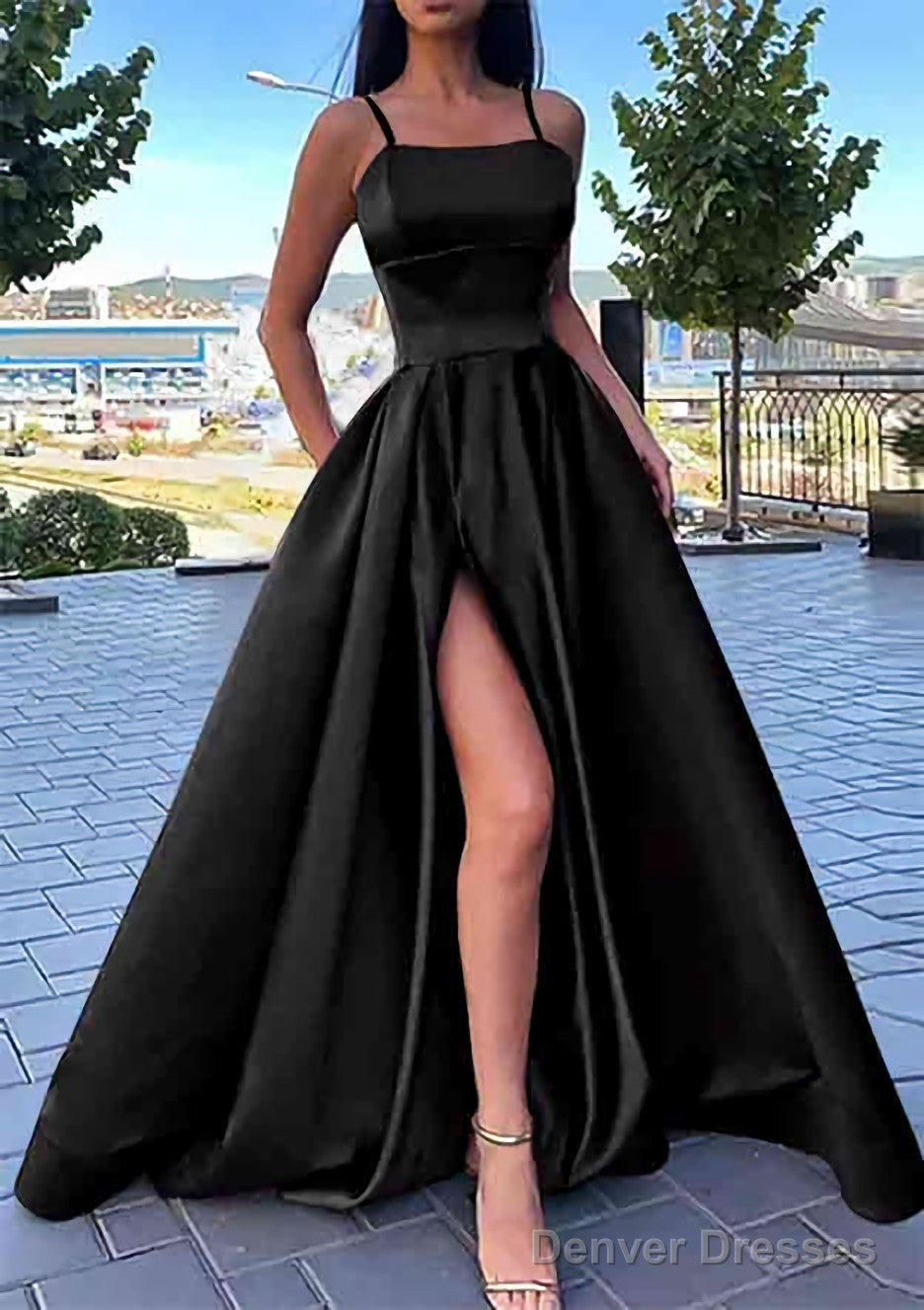 A-line Square Neckline Spaghetti Straps Long/Floor-Length Satin Prom Dresses With Split Pockets