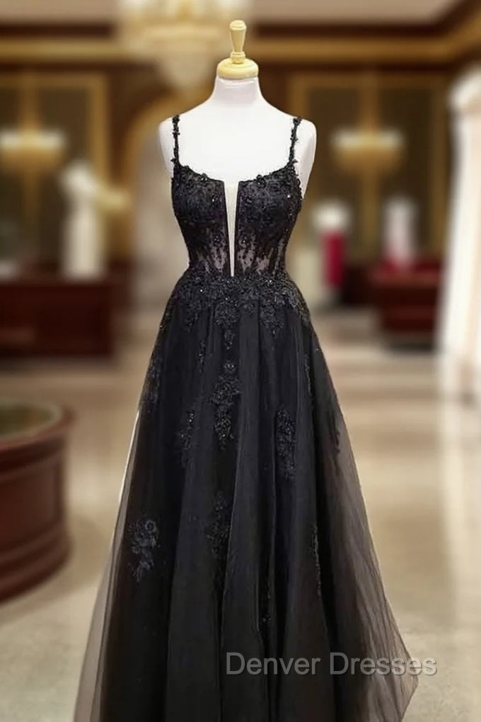 A-line Square Neckline Spaghetti Straps Long/Floor-Length Tulle Prom Dress With Glitter Beading Appliqued- Prom Dress