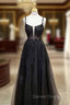 A-line Square Neckline Spaghetti Straps Long/Floor-Length Tulle Prom Dress With Glitter Beading Appliqued- Prom Dress