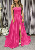 A-line Square Neckline Spaghetti Straps Sweep Train Charmeuse Prom Dresses