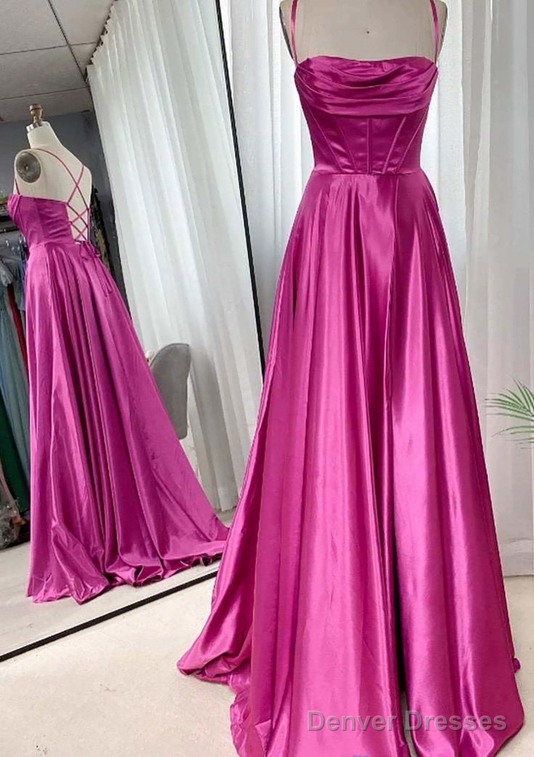 A-line Square Neckline Spaghetti Straps Sweep Train Charmeuse Prom Dresses With Pleated