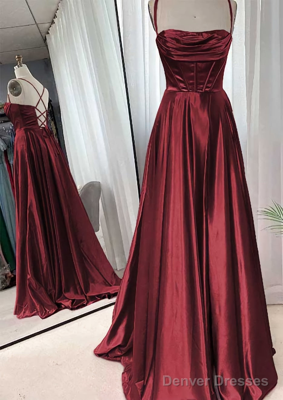 A-line Square Neckline Spaghetti Straps Sweep Train Charmeuse Prom Dresses With Pleated