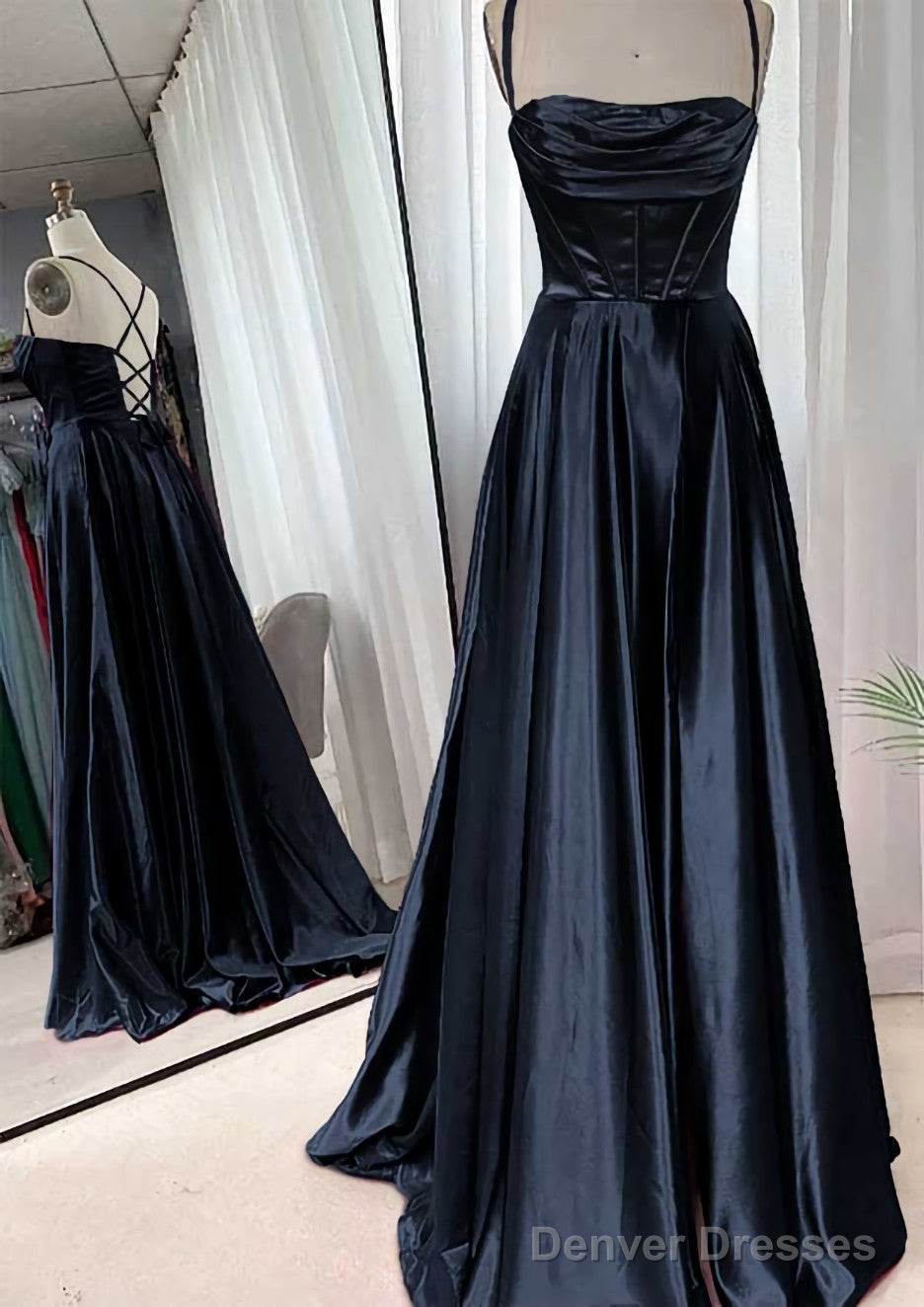 A-line Square Neckline Spaghetti Straps Sweep Train Charmeuse Prom Dresses With Pleated