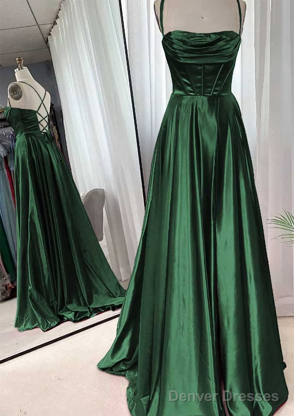 A-line Square Neckline Spaghetti Straps Sweep Train Charmeuse Prom Dresses With Pleated