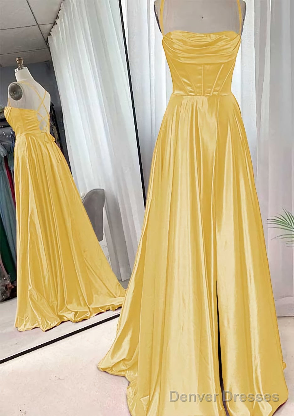 A-line Square Neckline Spaghetti Straps Sweep Train Charmeuse Prom Dresses With Pleated