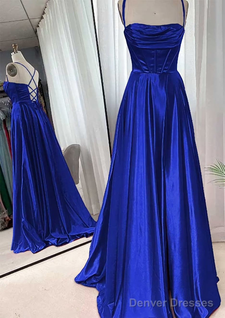 A-line Square Neckline Spaghetti Straps Sweep Train Charmeuse Prom Dresses With Pleated