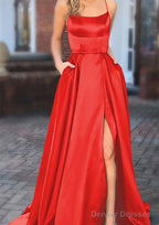 A-line Square Neckline Spaghetti Straps Sweep Train Charmeuse Prom Dresses With Pockets Split