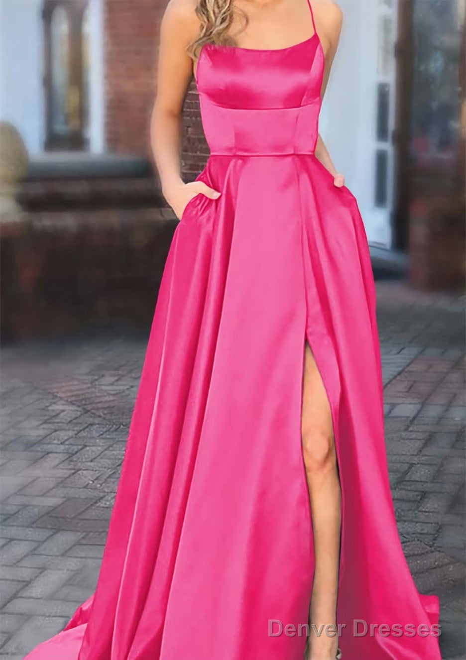 A-line Square Neckline Spaghetti Straps Sweep Train Charmeuse Prom Dresses With Pockets Split