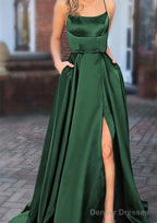 A-line Square Neckline Spaghetti Straps Sweep Train Charmeuse Prom Dresses With Pockets Split