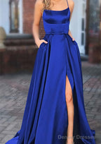 A-line Square Neckline Spaghetti Straps Sweep Train Charmeuse Prom Dresses With Pockets Split