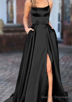 A-line Square Neckline Spaghetti Straps Sweep Train Charmeuse Prom Dresses With Pockets Split