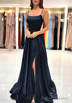 A-line Square Neckline Spaghetti Straps Sweep Train Charmeuse Prom Dresses With Split